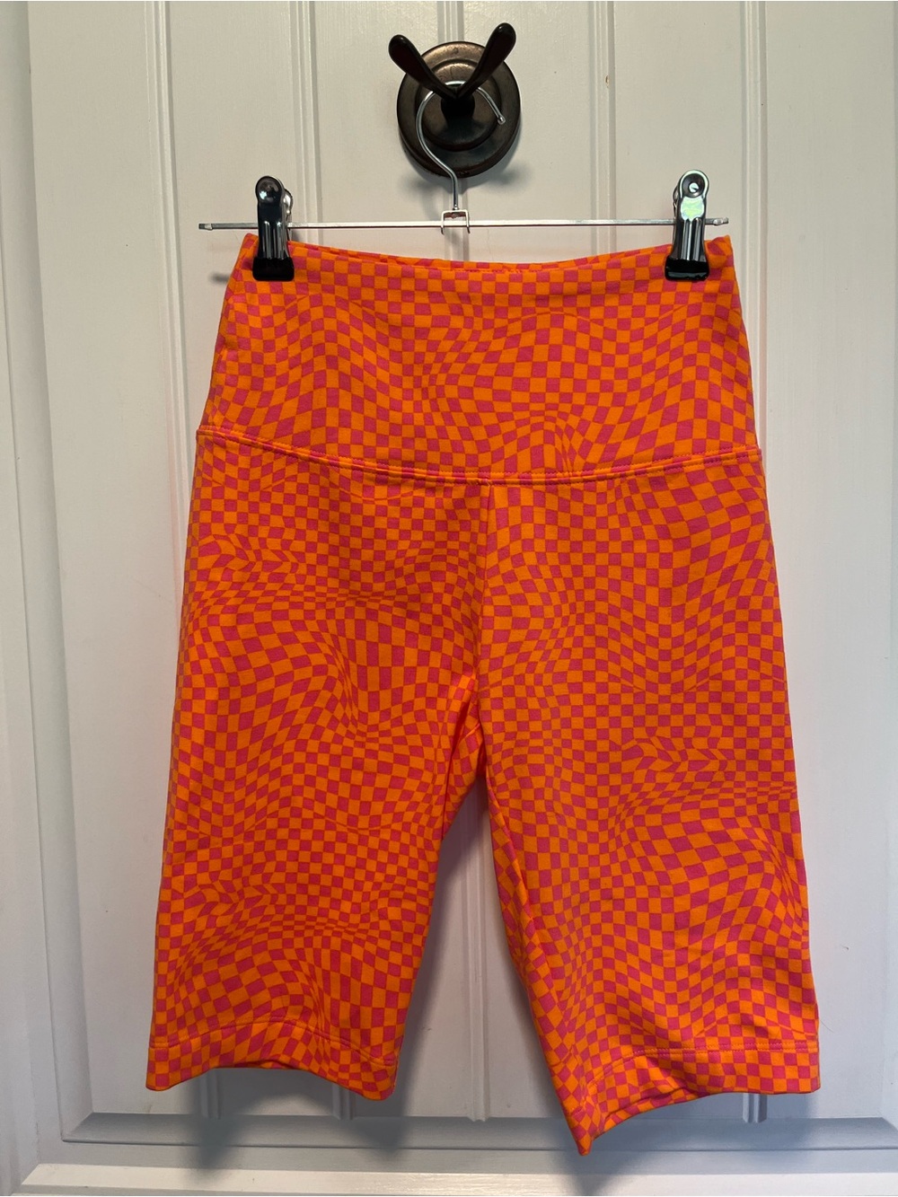 NOBO Girls Size XS Pink and Orange Checkerboard High-Waist Bike Shorts